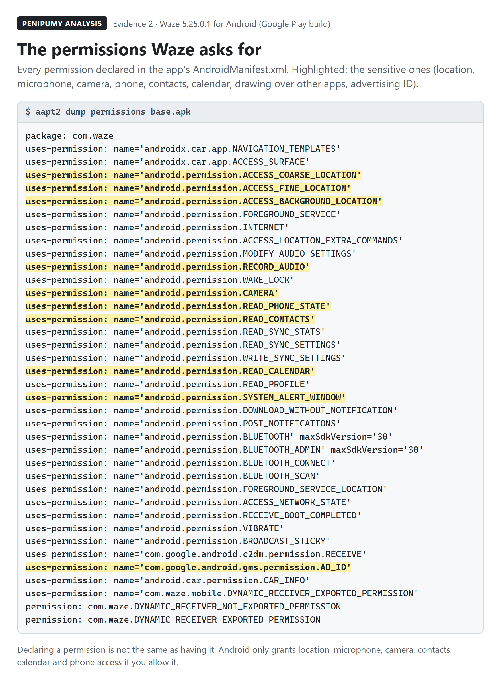 List of permissions declared in Waze's AndroidManifest.xml, with location, microphone, camera, phone, contacts, calendar, drawing over other apps and advertising ID highlighted