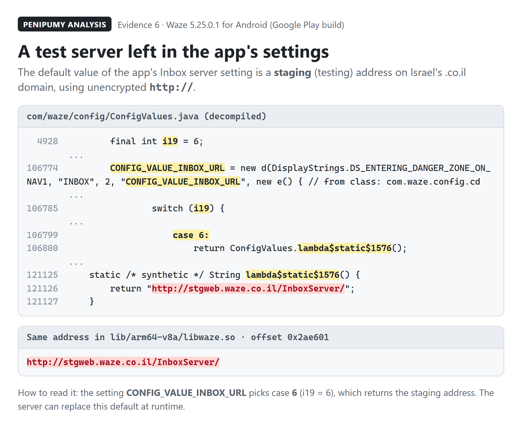 Decompiled Waze settings code returning the address http://stgweb.waze.co.il/InboxServer/ as a default