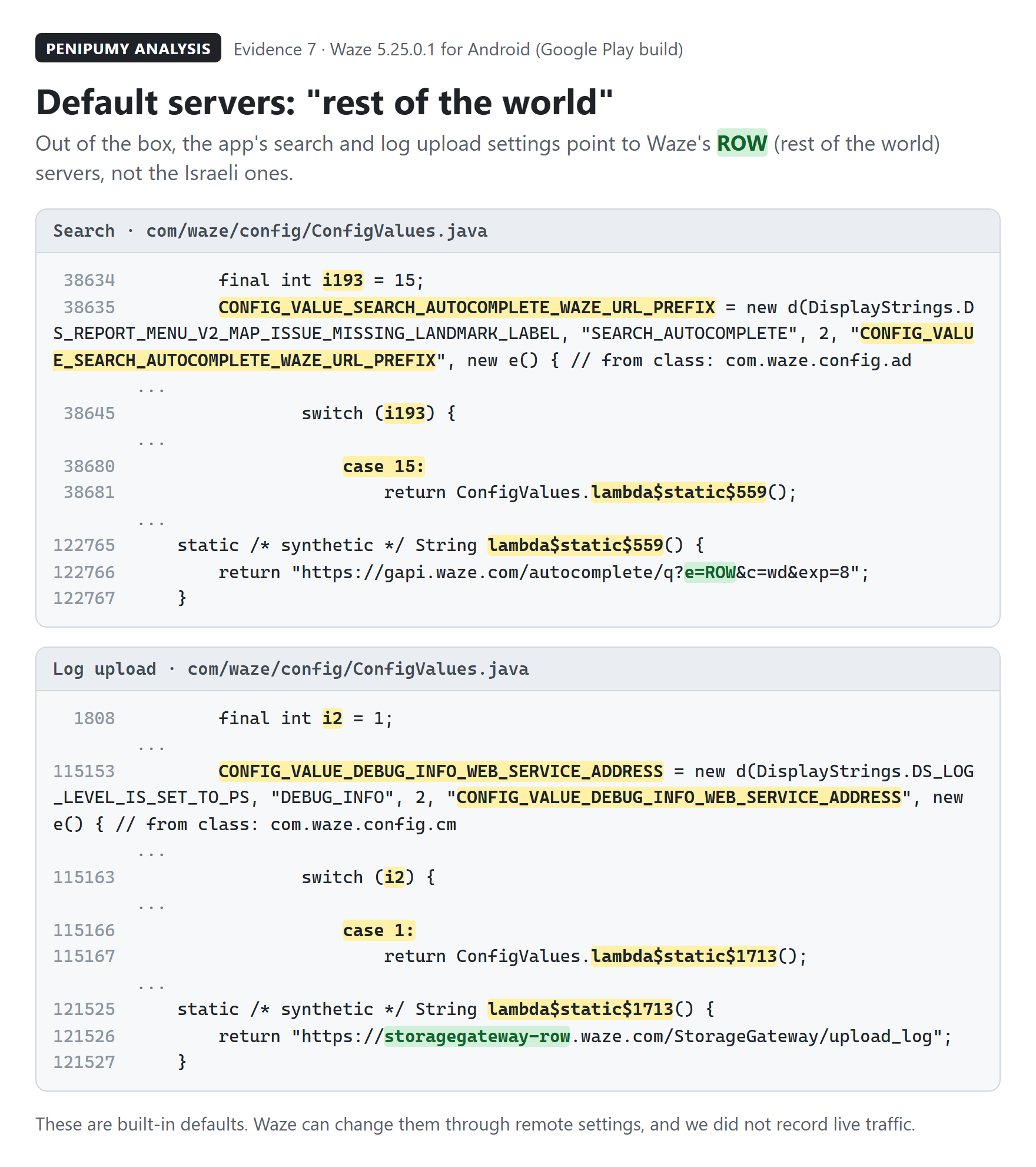 Decompiled Waze settings code with the default search and log upload addresses pointing to rest-of-world servers